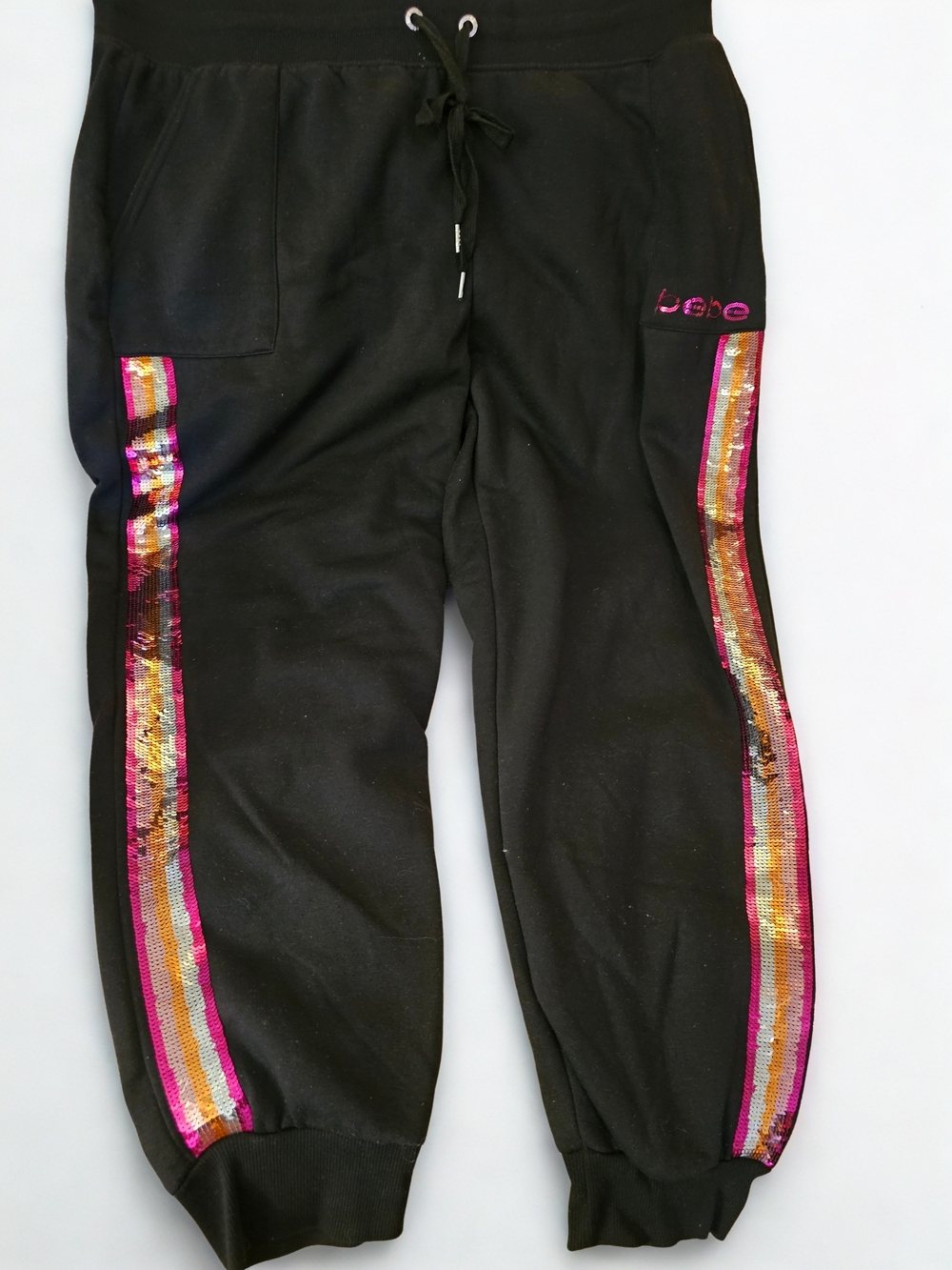 bebe Black Joggers with Pink & Gold Sequin Side Stripes